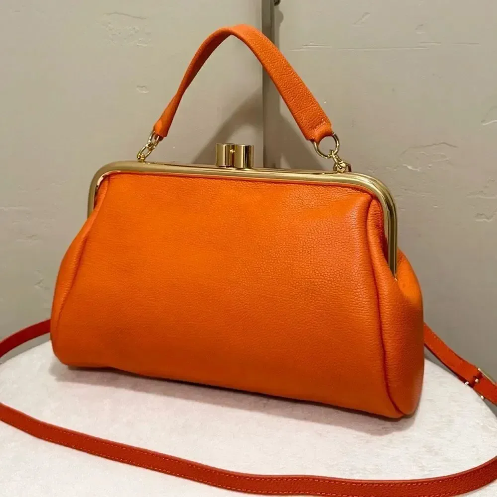 Orange Premium Pebble Cowhide Handmade Large Kiss Lock Handbag/ Multi Use Style